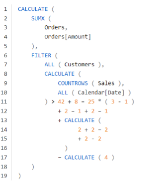DAX formatted like production code: indentation, line breaks, and readable nesting